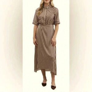 Zoe And Claire Striped Midi Shirt Dress Size Large Brown Cream Business Teacher